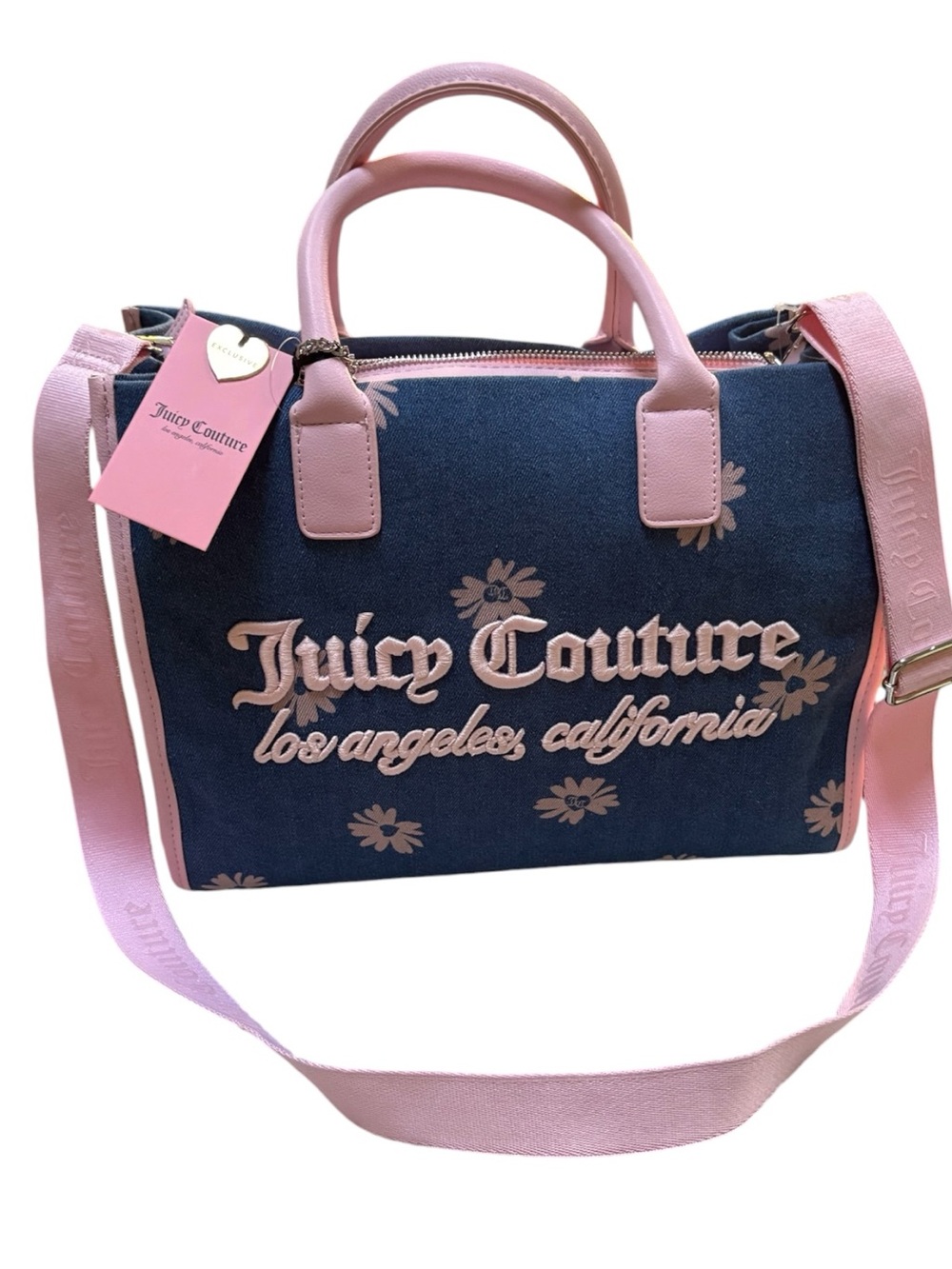 Juicy Couture Denim/Pink Daisy Logo Satchel Tote-NWT